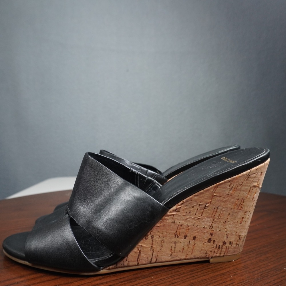 Cole Haan Womens Size 8B Black Open Back Slip On Open Toe Wedge Cork Heels